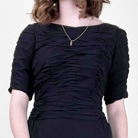 Vintage 1960s Little Black Dress Mini Midi Pleated Drape Preppy Bow Handmade 60s - Picture 2 of 7